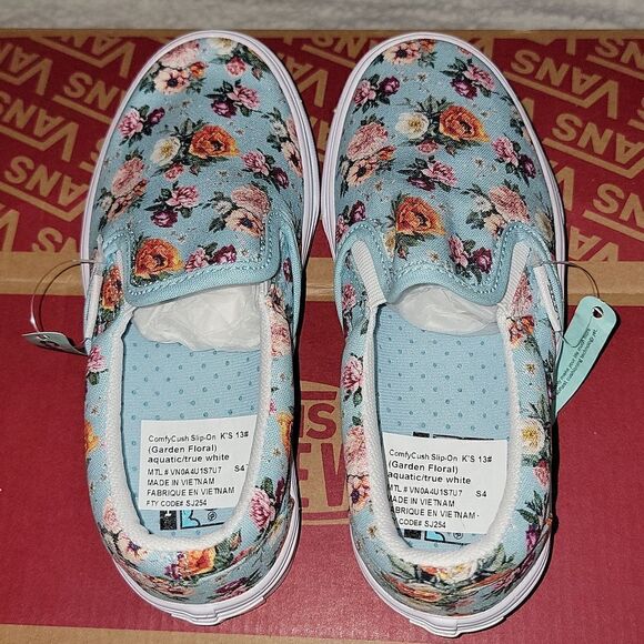 Rare ComfyCush Slip On Vans Sample Shoes Size 13 (Garden Floral) Aquatic / White - Picture 5 of 10